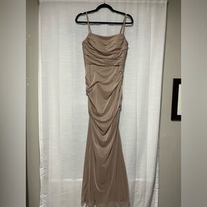 AZAZIE Teyana Fitted Square Neckline Pleated Mesh Long Dress - Taupe